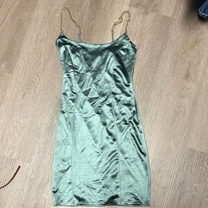 Windsor Sleek Green Satin Dress with Gold Chain Straps